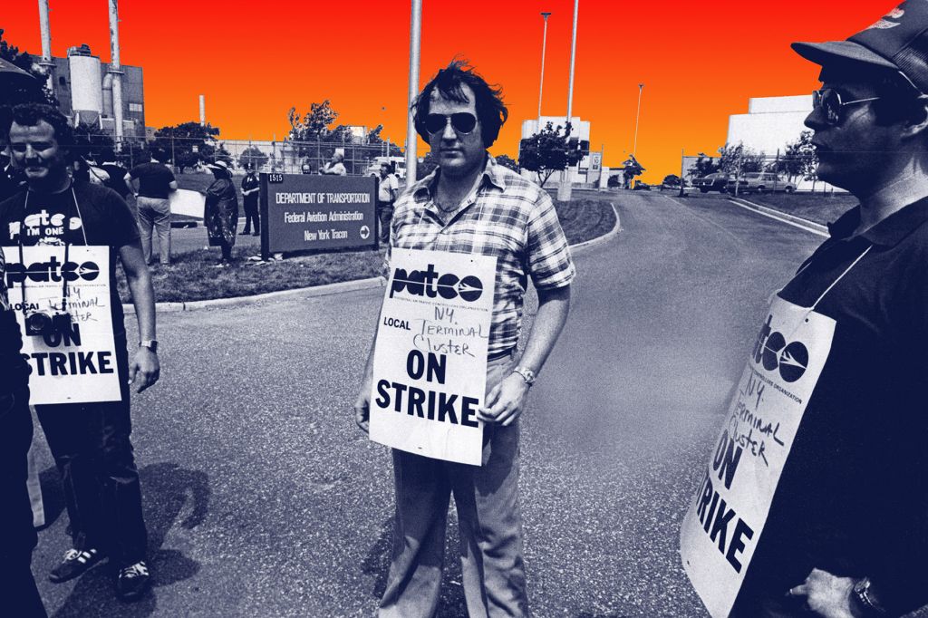 In a photo illustration, workers on strike stand on a road with signs in black-and-white. The horizon is coloured in a violent orange.