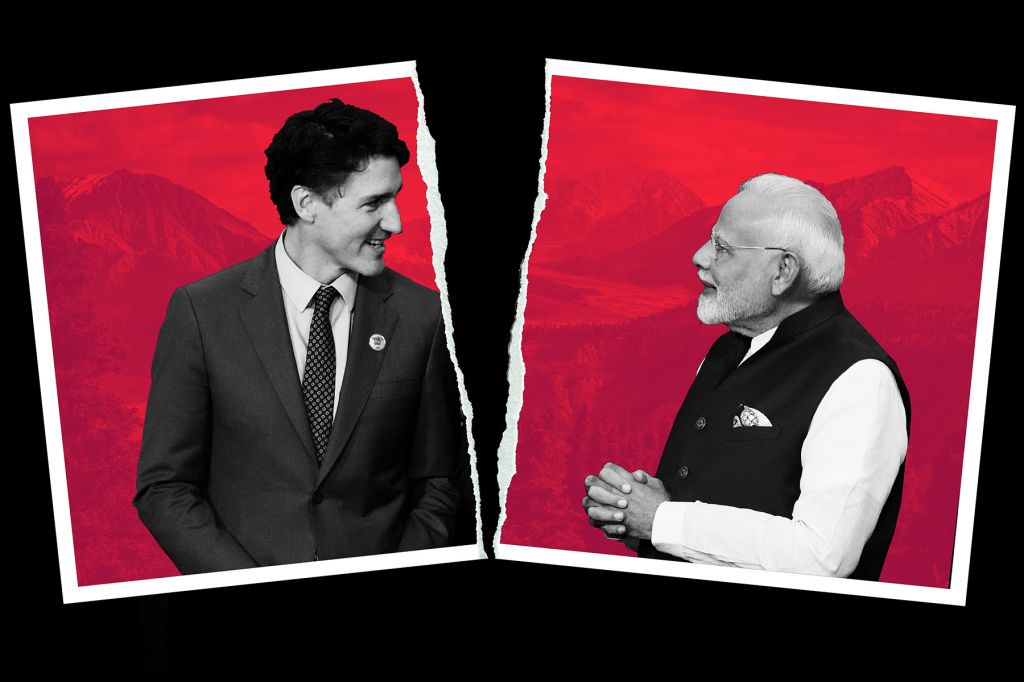 In a photo illustration, Trudeau and Modi appear in a black and white photograph with a red background featuring mountains. The photograph is torn apart, separating the two leaders.