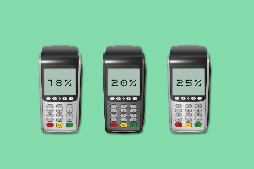 In a photo illustration, three debit/credit machines are shown against a green background. The screens show 18%, 20%, and 25%.