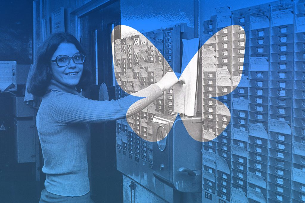 A vintage photo of a woman clocking in at work, filing away her punch card while smiling at the camera. A blue filter overlays the image, except for the large butterfly logo of Bluesky