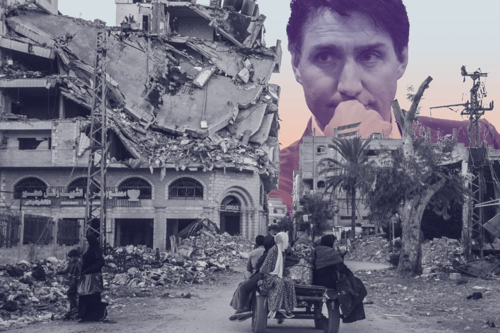 A black-and-white photo of Gaze, with buildings bombed, rubble on the ground, and several people riding in a wagon. Trudeau is seen above in a blue and pink photo