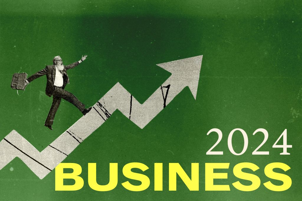 In a photo illustration, a businessman swinging a briefcase walks on the edge of an arrow pointing upward. Text over a green background reads 2024 Business