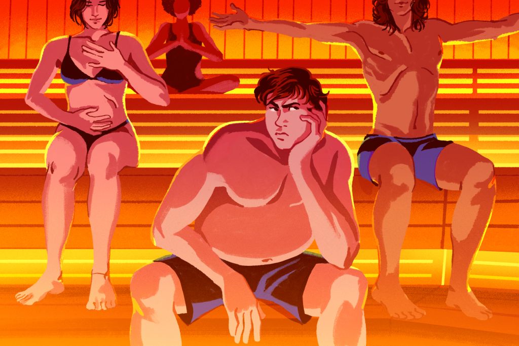 A man sitting in a sauna looks disgruntled as other patrons enjoy the spa beside him.