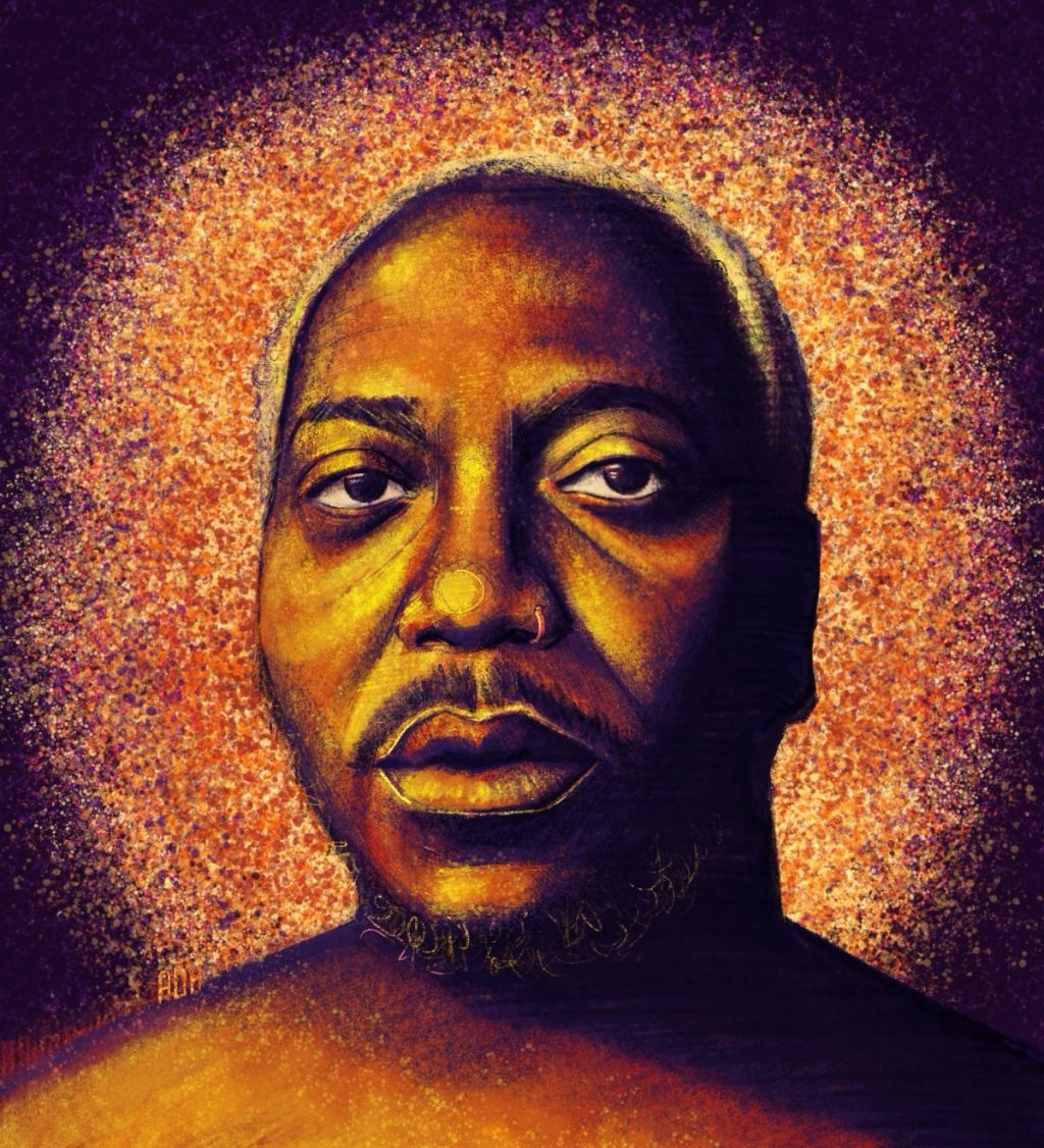 An illustrated portrait of Brontez Purnell, largely in brown, black, yellow, and bronze