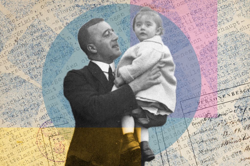 In a photo illustration, a man wearing a suit holds up a child in a black-and white photograph. The background is made up of scraps of documents, some handwritten, others typed.