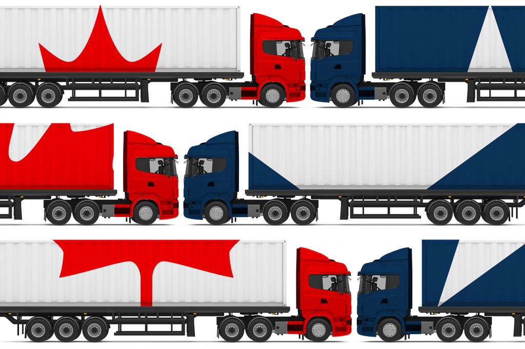 In a photo illustration, white trucks with a red maple leaf and blue trucks with white stars