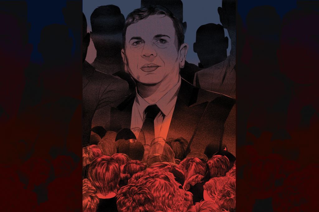 An illustration of a man in a suit and tie, with a number of shadowy figures behind him, with a mass of people tinged in red and purple looking towards him.