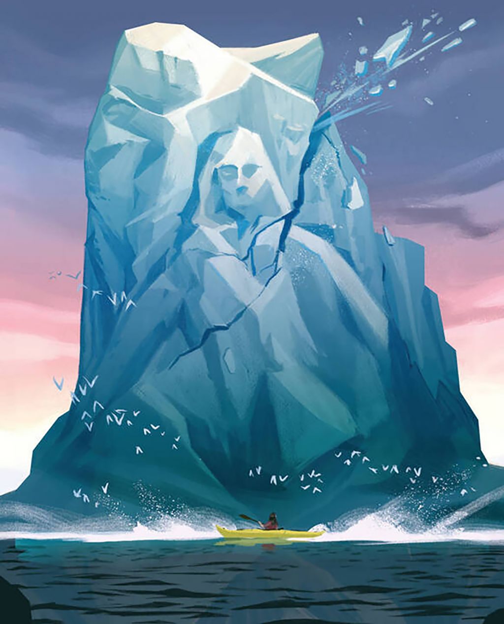 In an illustration, a person in a boat is dwarfed by an enormous iceberg. A face can be seen as the iceberg cracks apart