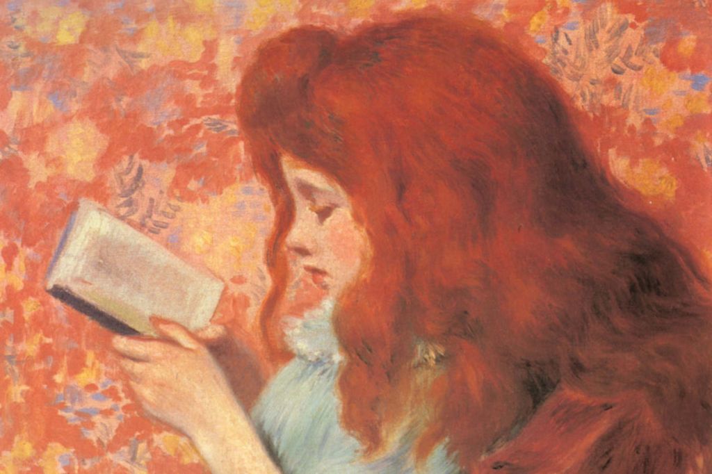 In a painting, a girl with red hair and a blue dress reads a book