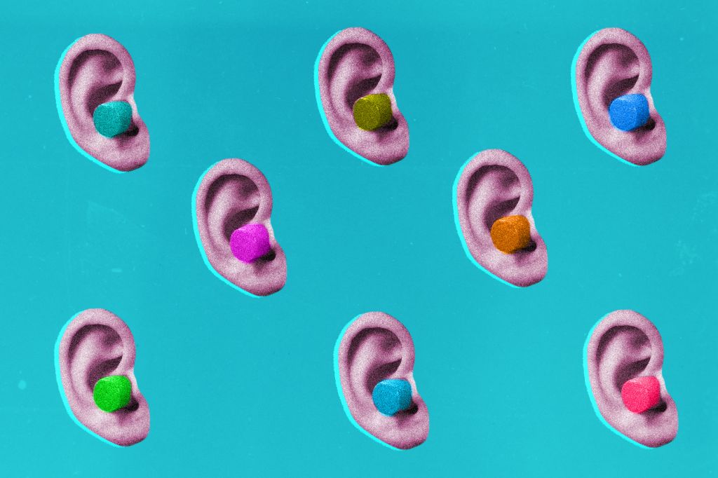 A collage of ears with earplugs in different colours against a blue background