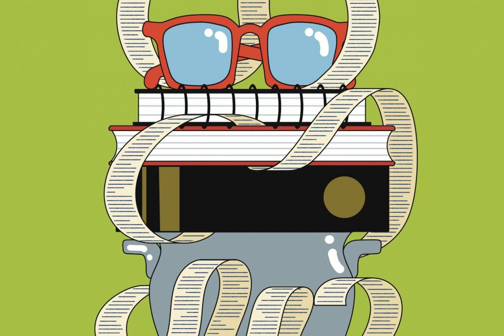 An illustration of a pile of notebooks, topped with a pair or red glasses against a lime green background. A long scrolling lists wraps around the stack.