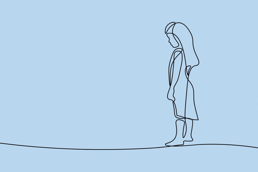 A line drawing in black of a girl looking solemn. She's barefoot and wearing a dress loose gown. The background is a hospital blue