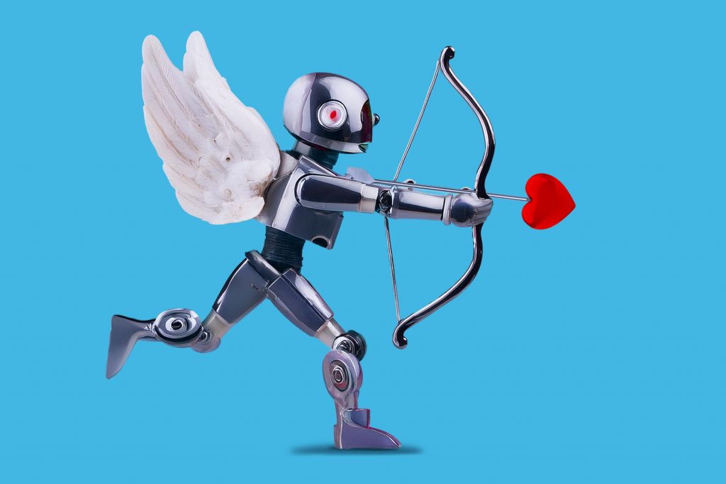 A robot with cupid wings aiming a bow and arrow with a heart.