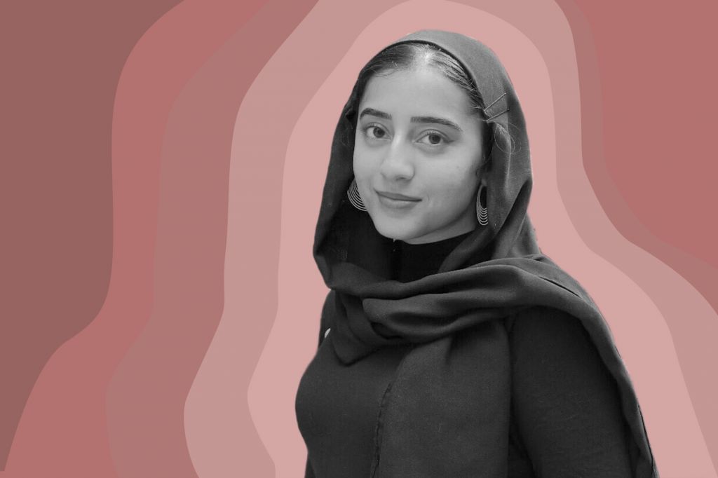 A black-and-white Farah Ghafoor against a pink background