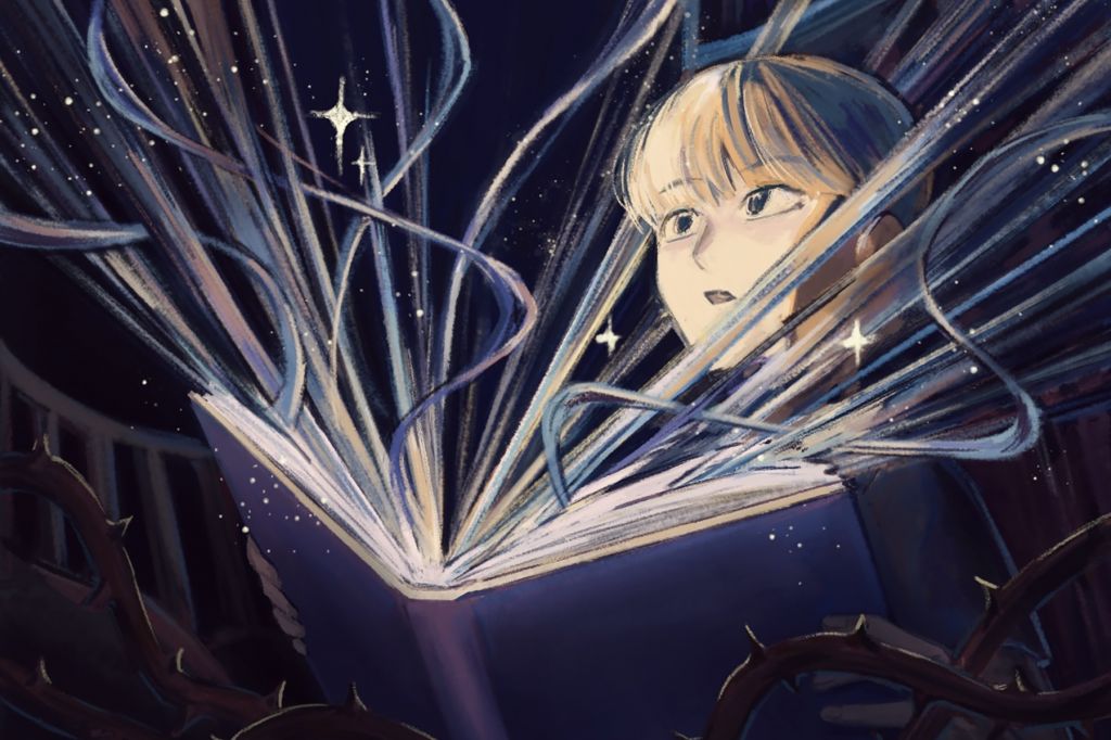 An illustrations of a girl opening a book in the dark. Stars and ribbons of light shine from the pages, but thorny branches can be seen along the bottom of the image