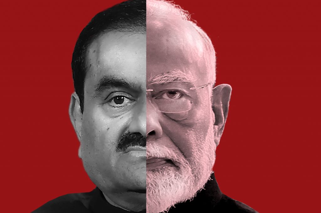 A montage of two faces, one half of Gautam Adani and the other half of Narendra Modi