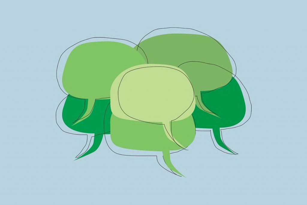 Green speech bubbles on a blue background