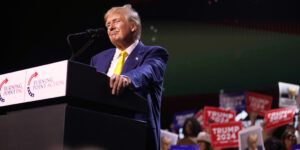 Former U.S. president Donald Trump speaking at a "Chase the Vote" rally at Dream City Church in Phoenix, Arizona.