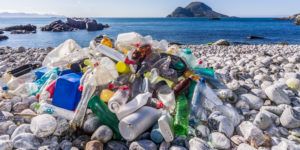 A photo of plastic waste on a beach.