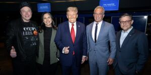 The far-right leadership of the United States, pictured from left-to-right: world's richest person Elon Musk, Republican nominee for National Security Advisor Tulsi Gabbard, President-elect Donald Trump, Republican nominee for the Department of Health and Human Services Robert F. Kennedy Jr., and Republican House Speaker Mike Johnson.