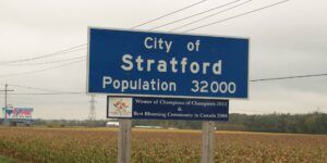 A welcome sign for the city of Stratford, Ontario.