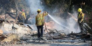 Firefighters battle the Eaton Fire in Los Angeles on January 10, 2025.