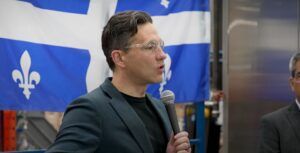 Pierre Poilievre at a media event in Quebec earlier this year.