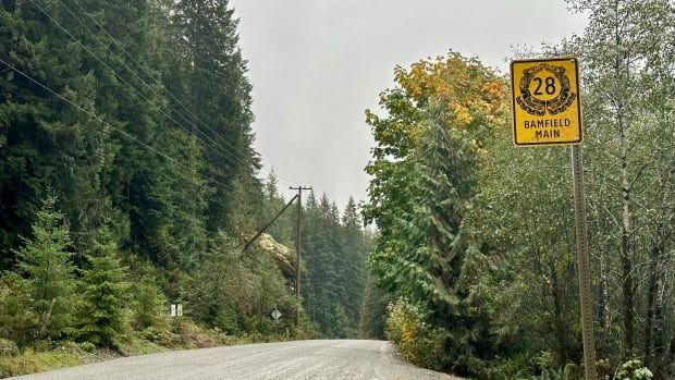 A road with a sign saying "Bamfield Main."