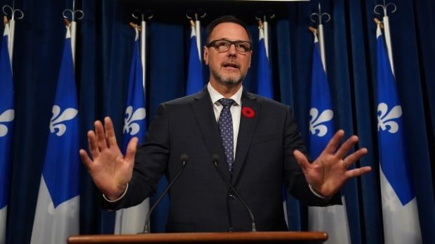 Minister Jean-François Roberge standing before a podium and microphones. 