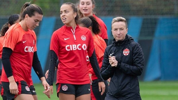 Canada's national women's soccer team coach Bev Priestman runs a practice on Oct. 26, 2023 in Montreal.