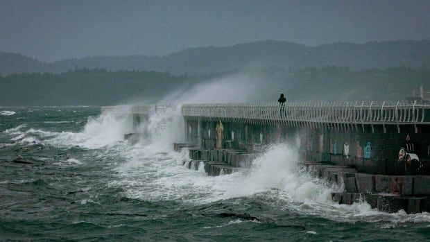 Waves hammer a pier during a storm.