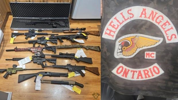 Police evidence photos. One shows several long guns on a desk with police tags. The other is a black vest with patches that say Hells Angels Ontario.