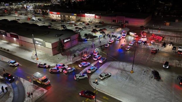 Aerial drone footage shows police and ambulance vehicles converging on an urban area that includes a Staples store, a Reitman's and a bus shelter.