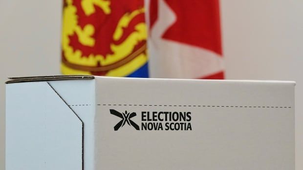 A ballot box is shown in front of a Nova Scotia and Canadian flag.