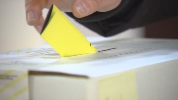 Hand putting vote on ballot box. 