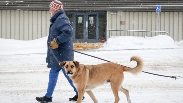 As snow falls around them, people enter a community hall.