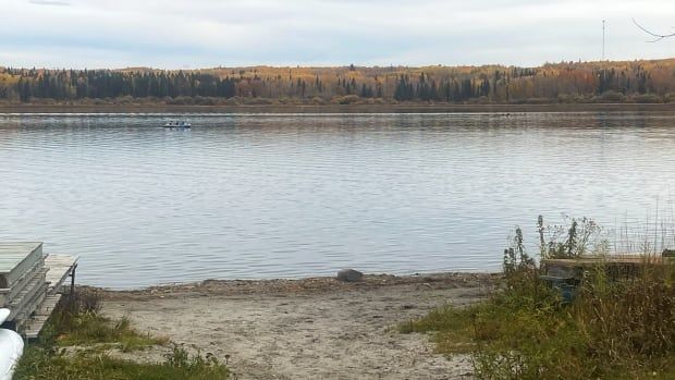 A body of water with sand in the foreground and trees in the background.