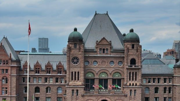 Aerial view of the facade of the Ontario Legislature. 