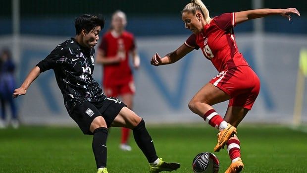 Canada's Adriana Leon battles South Korea's Han Chae Rin for possession of the soccer ball during a Dec. 3, 2024 international women's friendly at the Pinatar Arena Football Center in Murcia, Spain. 