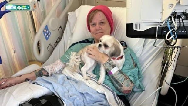 A woman in a green gown, draped by a blue blanket, is lying in a hospital bed while holding her pet with her right arm.