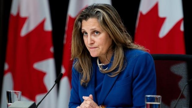 Minister of Finance and Deputy Prime Minister Chrystia Freeland listens to a question from a reporter (not seen) during a press conference at the National Press Theatre in Ottawa, Tuesday, Dec. 3, 2024.