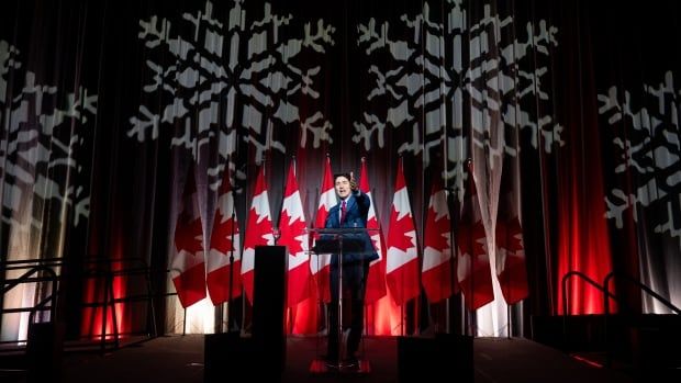 Prime Minister Justin Trudeau delivers remarks during a National Caucus holiday event in Ottawa, on Tuesday, Dec. 17, 2024.