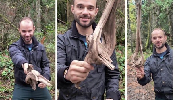 Three different images of a man in the woods holding and moving a stick through the air.