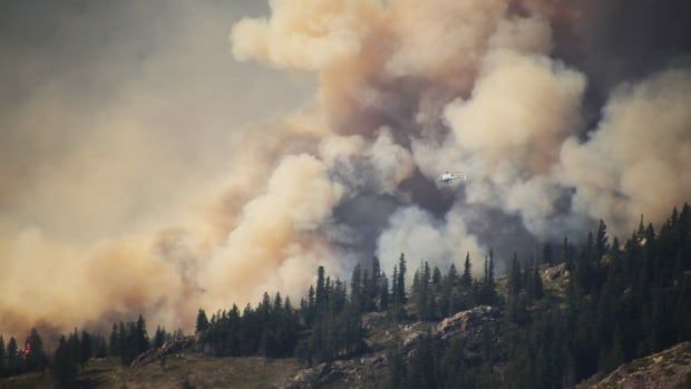 A helicopter flies in front of a wall of smoke