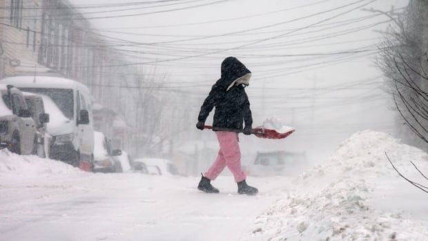 A person wearing a parka and pink fleece pants carries a shovel full of snow across a street. 