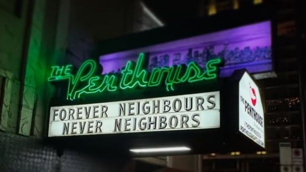 Penthouse marquee reads 'FOREVER NEIGHBOURS, NEVER NEIGHBORS.'