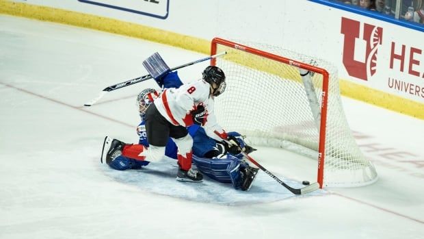 A hockey player beats a goaltender in a shootout to score a goal.