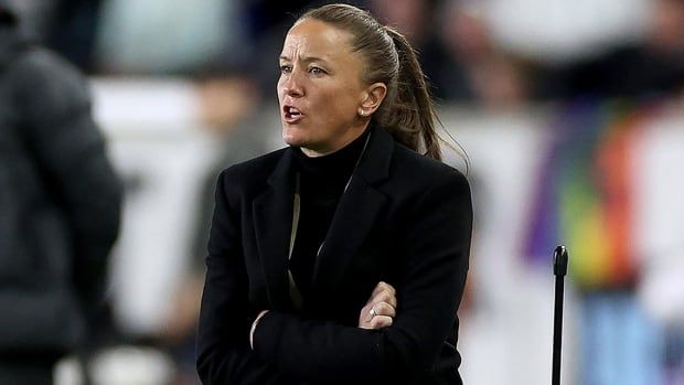 San Diego Wave FC head coach Casey Stoney directs her National Women'ss Soccer League team as she sits on an ice box during the NWSL Challenge Cup at Red Bull Arena on March 15, 2024 in Harrison, New Jersey. 