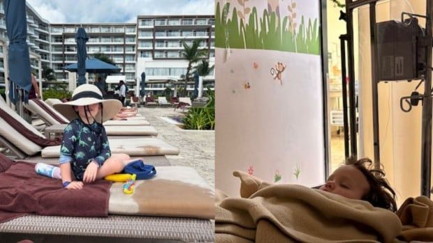 A photo collage of a boy sitting a poolside and the same boy in a hospital bed.