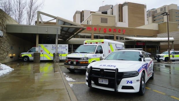 Emergency vehicles are seen parked outside the emergency department at the Victoria campus of London Health Sciences Centre. (LHSC) 